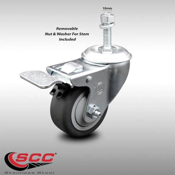 3.5 Inch SS Thermoplastic Rubber 10mm Threaded Stem Caster Total Lock Brake